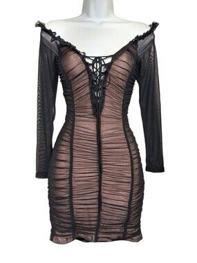 IRIS Bodycon Mesh Dress Black Off Shoulder Ruched Sheer Cocktail Party Small